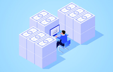 Businessman sitting among stacked banknotes working, financial profession, businessman working hard to make money