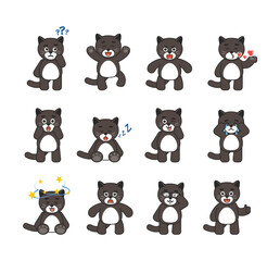 Set of chibi cat mascots showing various emotions. Cute cat thinking, jumping, angry, surprised, sleeping, crying, showing silly face and other expressions. Vector illustration bundle