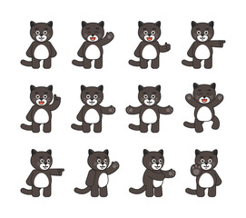 Set of cute cat mascots showing various hand gestures. Chibi black cat pointing, greeting, jumping, showing thumb up and other gestures. Vector illustration bundle