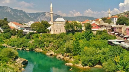 Green city of Bosnia and Herzegovina. City of Mostar, Bosnia and Herzegovina. Green Neretva River,...