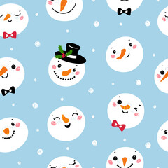 Cute Snowman Heads. Christmas Vector Seamless Pattern. Winter Holiday Background with Cartoon Funny Doodle Snowman Faces. Winter Holidays, Christmas and New Year Design