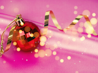 Christmas concept, new year symbol on pink background, Christmas card design, with balls, Christmas tree
