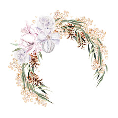Beautiful watercolor Christmas wreath with roses and peony, berries and eucalyptus leaves. 
