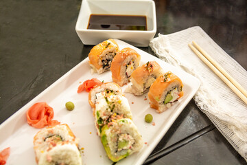 erent variants served with soy sauce and chopsticks, on a white plate 4
