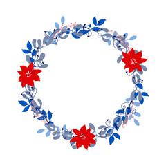 Winter wreath with poinsettia, mistletoe, twig, branch. Cute hand drawn floral border. Vector round frame with space for text, template for your design, card, advertising, sticker, poster, invitation.
