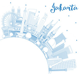 Outline Jakarta Indonesia City Skyline with Blue Buildings and Copy Space.