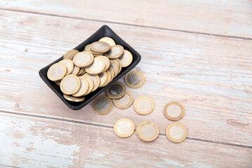 Small plate full of euro coins and scattered coins on the table