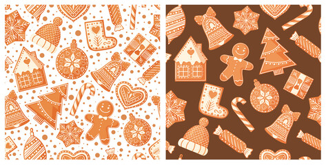 Christmas seamless patterns with gingerbread cookies. Design for Christmas and New Year decoration, wrapping paper, print, fabric or textile. Vector illustration.