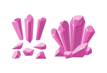Crystals and gemstones of different shapes. Set of pink stalagmite, crystals and pieces of ruby rock. Vector illustration in cartoon style