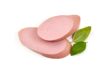 Fresh boiled sausage with basil, isolated on white background