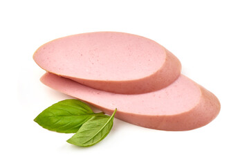 Fresh boiled sausage with basil, isolated on white background