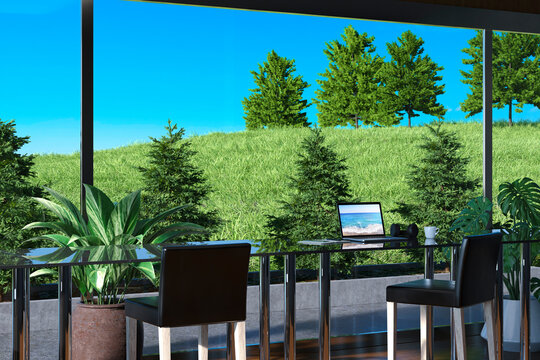 開放的な草原が広がるリゾートのカウンターに置かれたノートPC / ワーケーション・リゾートワークの3Dレンダリンググラフィックス