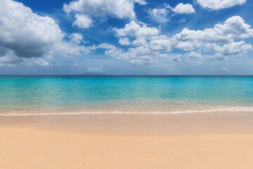 Fototapeta na wymiar Tropical Caribbean beach with warm sand and turquoise sea in paradise island. Tropical beach background.