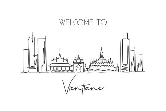 Single continuous line drawing Vientiane city skyline, Laos. Famous city scraper landscape postcard. World travel destination concept. Editable stroke modern one line draw design vector illustration