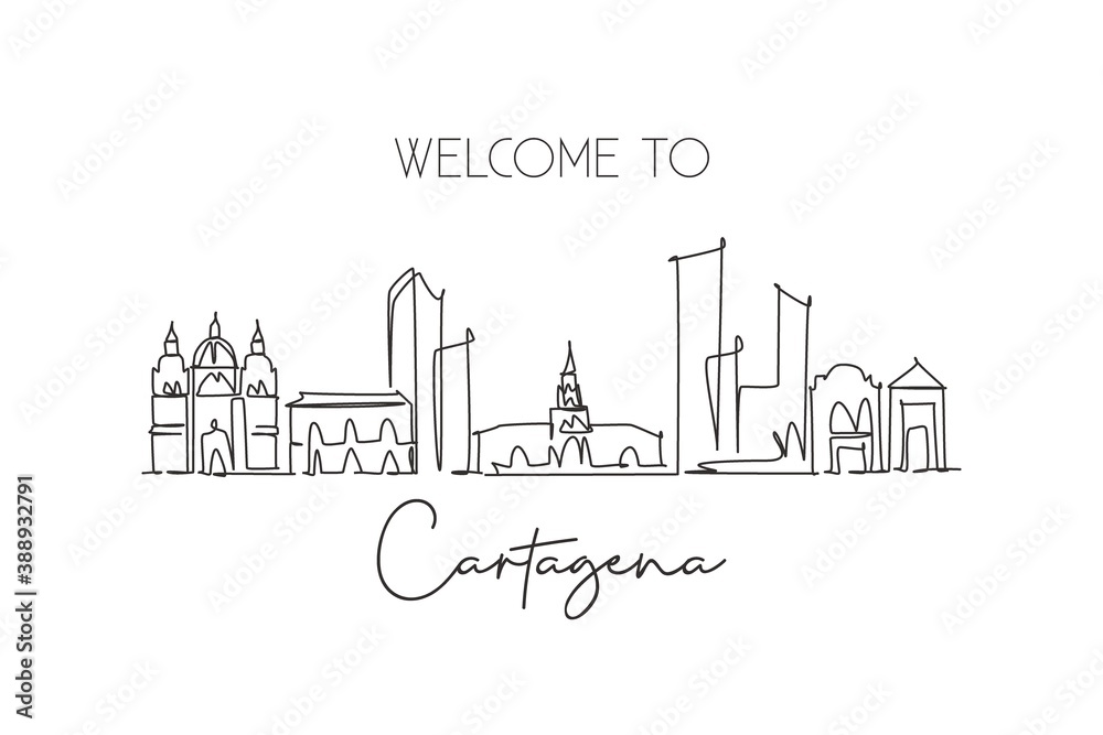 Wall mural Single continuous line drawing of Cartagena skyline, Colombia. Famous city scraper landscape postcard. World travel destination concept. Editable stroke modern one line draw design vector illustration