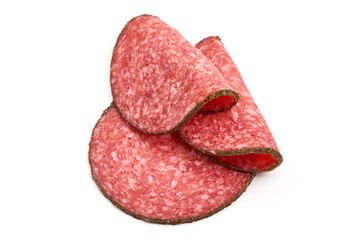 Peppered salami slices, isolated on white background