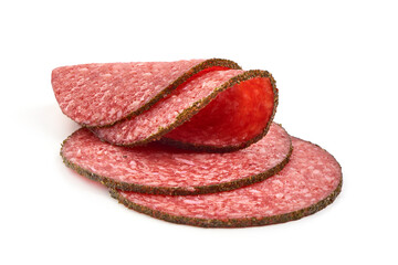 Peppered salami slices, isolated on white background