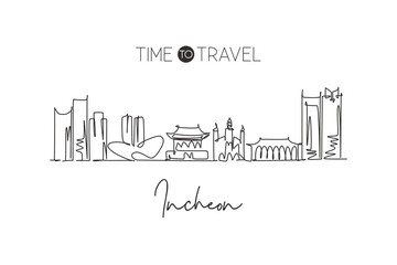 Fototapeta na wymiar One single line drawing city Incheon skyline, South Korea. World town landscape home wall decor poster print art. Best place holiday destination. Trendy continuous line draw design vector illustration