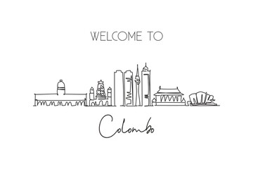 Obraz premium One continuous line drawing Colombo city skyline, Sri Lanka. Beautiful landmark postcard. World landscape tourism travel vacation. Editable stylish stroke single line draw design vector illustration