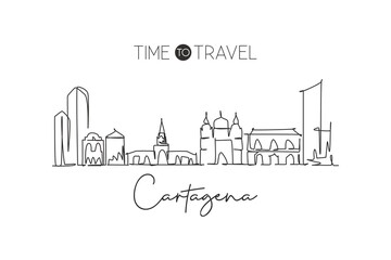 Fototapeta na wymiar One single line drawing Cartagena city skyline, Colombia. World town landscape home wall decor poster print art. Best place holiday destination. Trendy continuous line draw design vector illustration