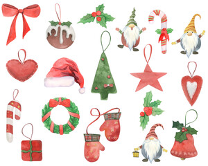 watercolor christmas toys, christmas elements, christmas tree decorations