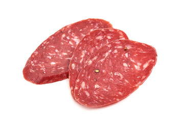 Spanish salchichon sausage, isolated on white background