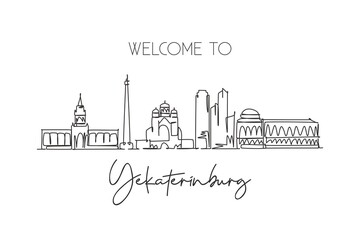 One continuous line drawing Yekaterinburg city skyline Russia. Beautiful landmark postcard. World landscape tourism travel vacation. Editable stylish stroke single line draw design vector illustration