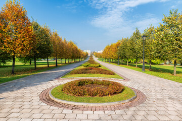 Autumn beautiful romantic alley in a park with colorful trees. Autumn landscape background.