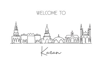 Single continuous line drawing of Kazan skyline, Russia. Famous city scraper landscape postcard print. World travel destination concept. Editable stroke modern one line draw design vector illustration