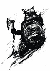 An old Scandinavian shaman warrior with a stuffed wolf on his head with a beautiful patterned shield and an ax stands proudly and looks into infinity with his luminous eyes. 2D illustration © warmtail