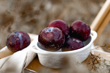 Juicy ripe large plums, spherical full shape. Liquid fruit in a ceramic oval shape on a wooden chair stool. Among the dry grass on the autumn landscape in yellow and beige tones