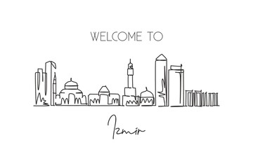 Fototapeta na wymiar One single line drawing Izmir city skyline, Turkey. World historical town landscape home decor wall poster print. Best place holiday destination. Trendy continuous line draw design vector illustration