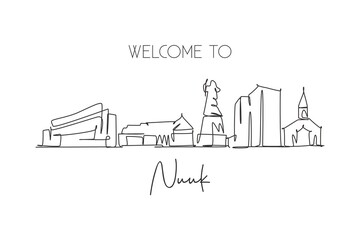 Naklejka premium Single continuous line drawing Nuuk city skyline, Greenland. Famous city scraper landscape postcard. World travel destination concept. Editable stroke modern one line draw design vector illustration