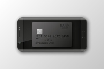 Banner smartphone & credit card image. Advertising promo poster phone & bank card icon. Communicator PDA plastic card. Mobile banking. Electronic funds transfer. Hendy payments. illustration