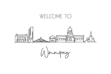 Naklejka premium One single line drawing Winnipeg city skyline, Canada. World historical town landscape. Best place holiday destination postcard. Editable stroke trendy continuous line draw design vector illustration