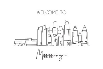 Fototapeta premium One single line drawing Mississauga city skyline Canada. World historical town landscape. Best place holiday destination home wall decor poster print. Continuous line draw design vector illustration