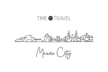 Obraz premium One single line drawing of Mexico city skyline, Mexico. World historical town landscape. Best place holiday destination home decor poster print. Trendy continuous line draw design vector illustration