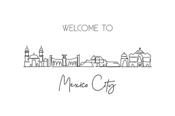 Single continuous line drawing Mexico skyline, Mexico. Famous city scraper landscape. World travel destination postcard print concept. Editable stroke modern one line draw design vector illustration
