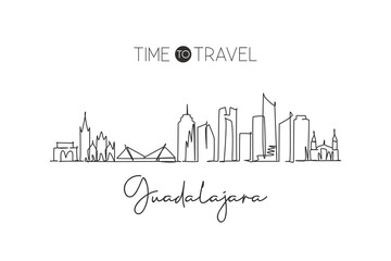 Naklejka premium Single continuous line drawing Guadalajara skyline, Mexico. Famous city scraper landscape. World travel destination wall decor poster print concept. Modern one line draw design vector art illustration