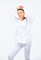 Funky beauty. sportswear shop. fit woman in tracksuit. sporty woman in homewear isolated on white. feeling cozy and comfortable. sexy fitness girl. sport clothes trend. female sport fashion
