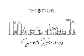 Obraz premium Single continuous line drawing of Santo Domingo city skyline Dominican. Famous city scraper landscape. World travel destination concept. Editable stroke modern one line draw design vector illustration