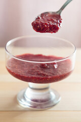 Raspberry jam is placed in glass dish.