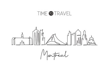 One continuous line drawing Montreal city skyline, Canada. Beautiful landmark home wall decor poster print. World landscape tourism travel vacation. Stylish single line draw design vector illustration