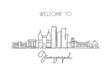 Fototapeta na wymiar One single line drawing Guayaquil city skyline, Ecuador. World historical town landscape wall decor poster print. Best place holiday destination. Trendy continuous line draw design vector illustration