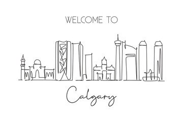 One single line drawing Calgary city skyline, Canada. World historical town landscape postcard. Best place holiday destination. Editable stroke trendy continuous line draw design vector illustration