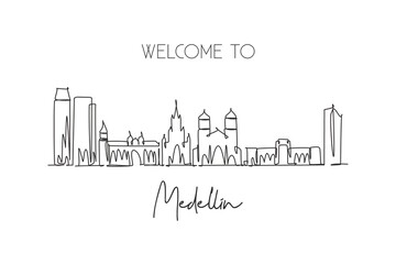 One single line drawing of Medellin city skyline, Colombia. World historical town landscape. Best holiday place destination. Editable stroke trendy continuous line draw design art vector illustration