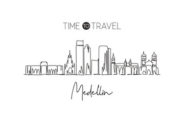 Single continuous line drawing of Medellin city skyline, Colombia. Famous city scraper and landscape. World travel destination concept. Editable stroke modern one line draw design vector illustration