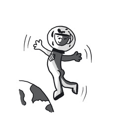A cup of coffee in a spacesuit flying into space. Happy coffee splashes.