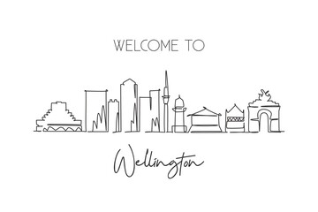One continuous line drawing  Wellington city skyline New Zaeland. Beautiful landmark home wall decor poster print. World landscape tourism travel vacation. Single line draw design vector illustration