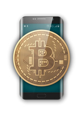 HUD smartphone bitcoin. Phone digital currency money. technology microchip mining worldwide network concept. Web banner golden bitcoin on smartphone background. Physical phone bit coin. Cryptocurrency